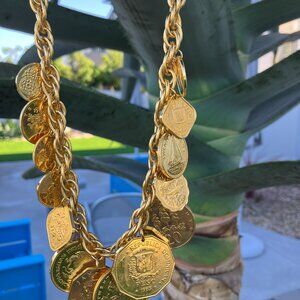 Statement gold coin necklace with beautiful international coins, 17"